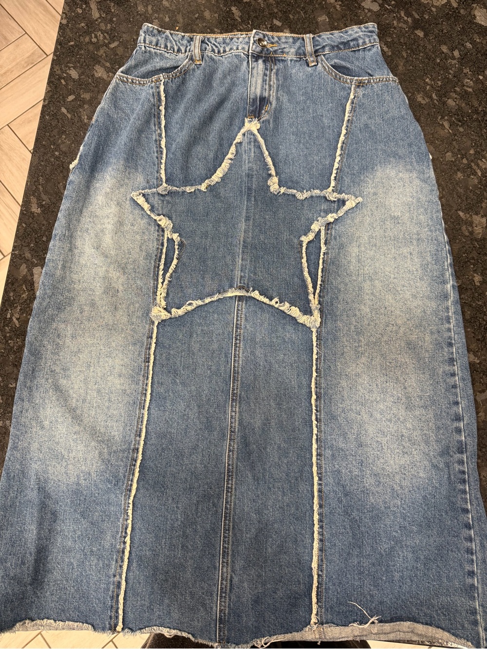 Social collision, frayed star denim maxi skirt